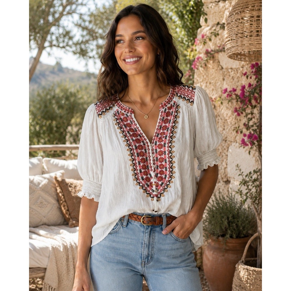 Knox Rose Embroidered Boho M Peasant Blouse White Rayon Puff Sleeve Top VV09